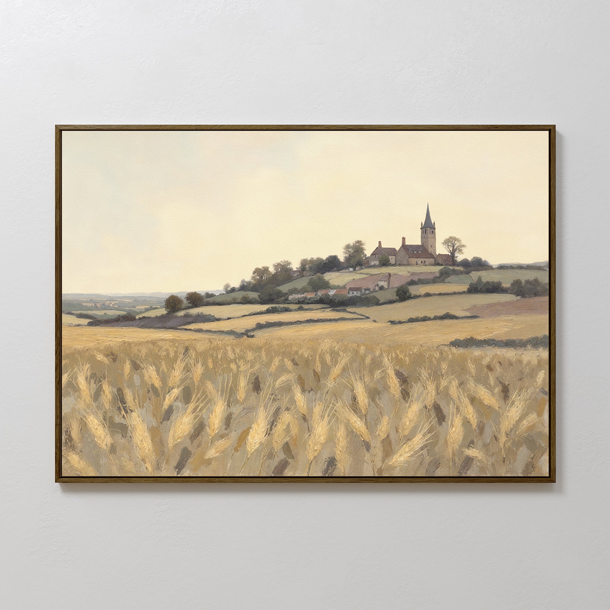The Harvest Chapel Canvas Art - Horizontal showcases a golden wheat field, rolling hills, and a steepled church under a hazy sky—ideal rustic wall art for pastoral home decor.