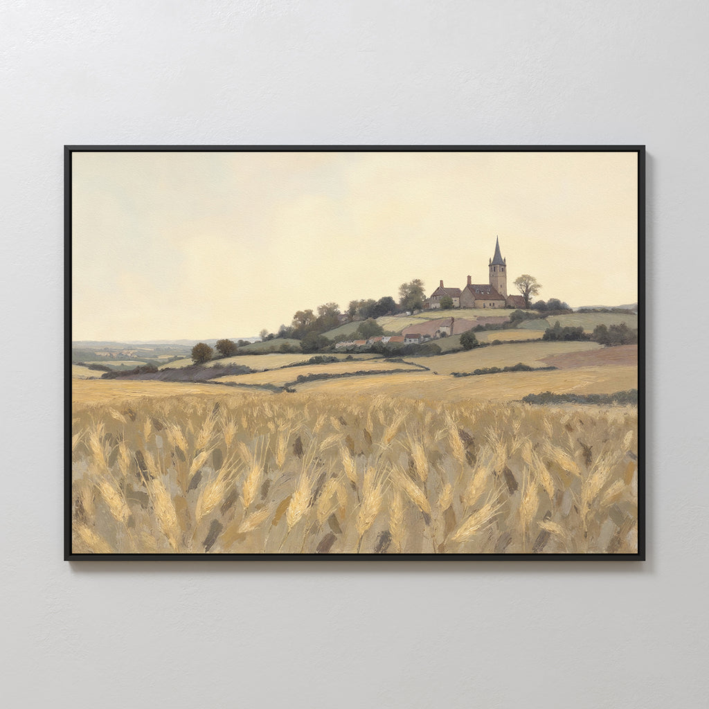 Harvest Chapel Canvas Art - Horizontal: A framed rural landscape print with golden wheat fields and a hilltop chapel beneath a hazy sky—ideal as pastoral home decor or rustic wall art.