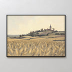 Harvest Chapel Canvas Art - Horizontal: A framed rural landscape print with golden wheat fields and a hilltop chapel beneath a hazy sky—ideal as pastoral home decor or rustic wall art.