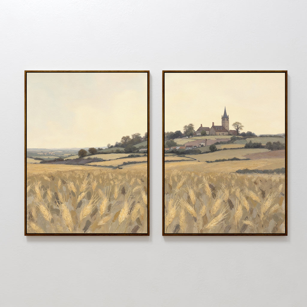 The "Harvest Chapel - Set of 2" features framed prints: one shows a golden wheat field, the other depicts a church and trees on rolling hills, both rendered in soft, muted tones under a pale sky for rustic charm.