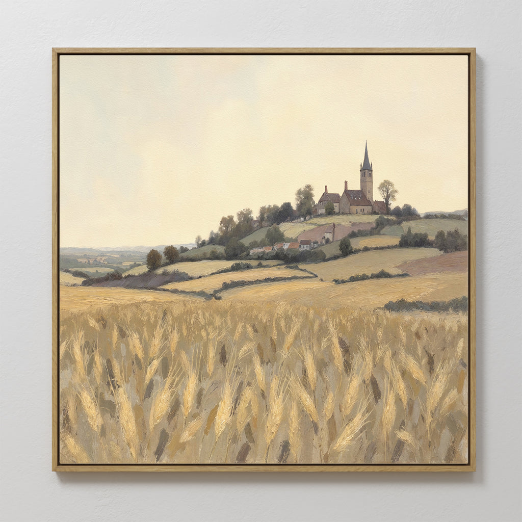 The Harvest Chapel Canvas Art - Square showcases golden wheat fields, rolling hills, and a village with the chapel’s steeple atop a hill, all exuding rustic charm beneath a softly hazy sky.