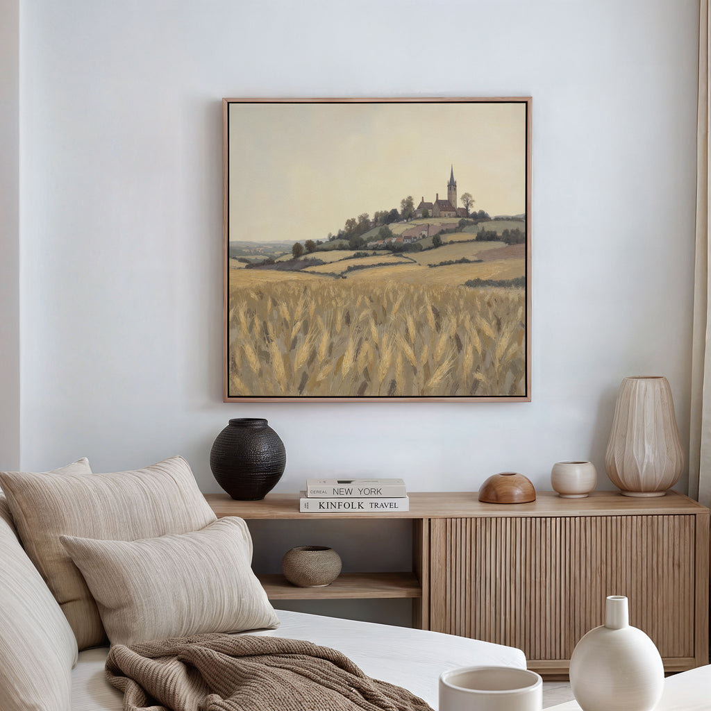 A cozy, neutral-toned living room with a beige sofa, pillows, and wood sideboard exudes rustic charm. Above the sideboard hangs the Harvest Chapel Canvas Art - Square depicting wheat fields and a village, complemented by ceramic vases.