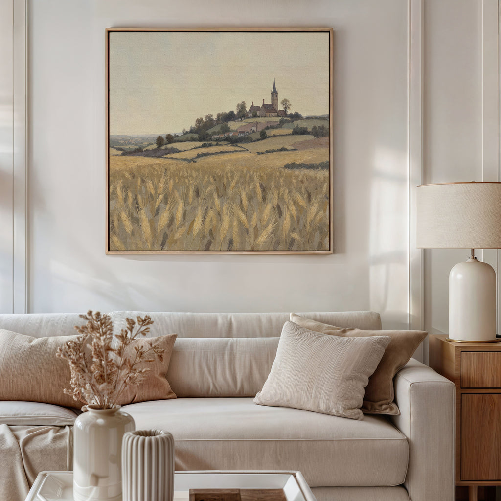A cozy living room features a beige sofa with neutral cushions, a lamp, and a vase with dried flowers. Above the sofa hangs the "Harvest Chapel Canvas Art - Square," bringing rustic charm to the inviting space.