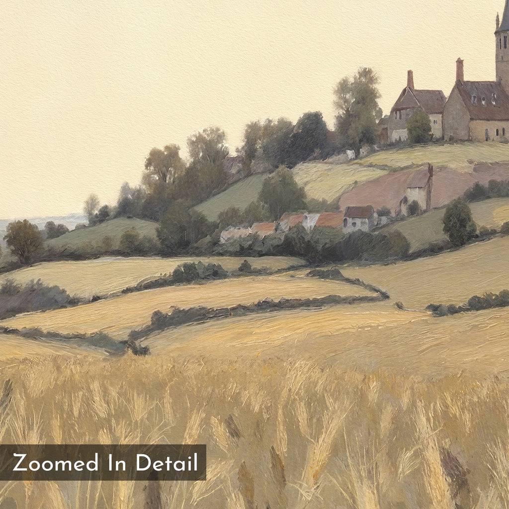 A close-up of the Harvest Chapel Canvas Art - Square reveals golden wheat fields, green trees, and hillside homes below the chapel. The corner features the text "Zoomed In Detail" on this canvas print.