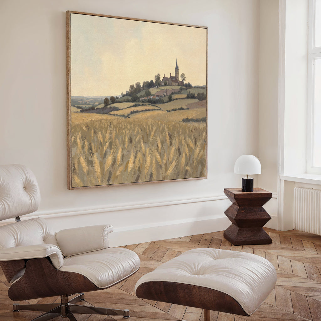 A modern living room features a white lounge chair and ottoman, wooden side table with a white lamp, and the Harvest Chapel Canvas Art - Square adding rustic charm to the space.
