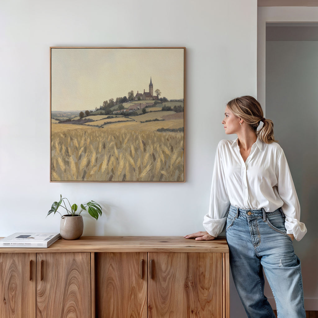 A woman in a white blouse and jeans leans against a wooden sideboard, admiring the Harvest Chapel Canvas Art - Square on the wall. A plant and books enhance the rustic charm of the bright, modern room.