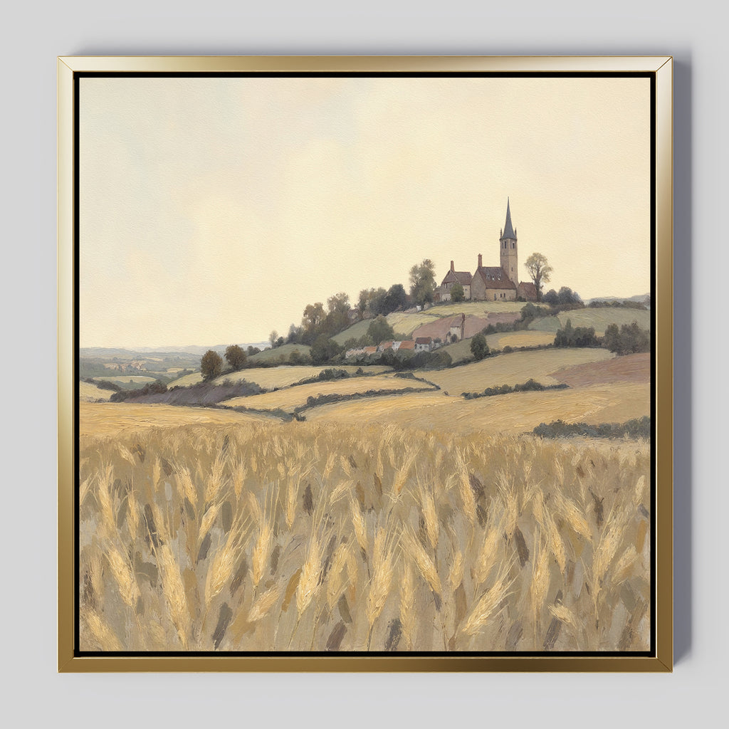 Harvest Chapel Canvas Art - Square features a framed canvas print of golden wheat fields, a quaint village, and the iconic Harvest Chapel under soft clouds—an ideal piece to bring rustic charm to any space.
