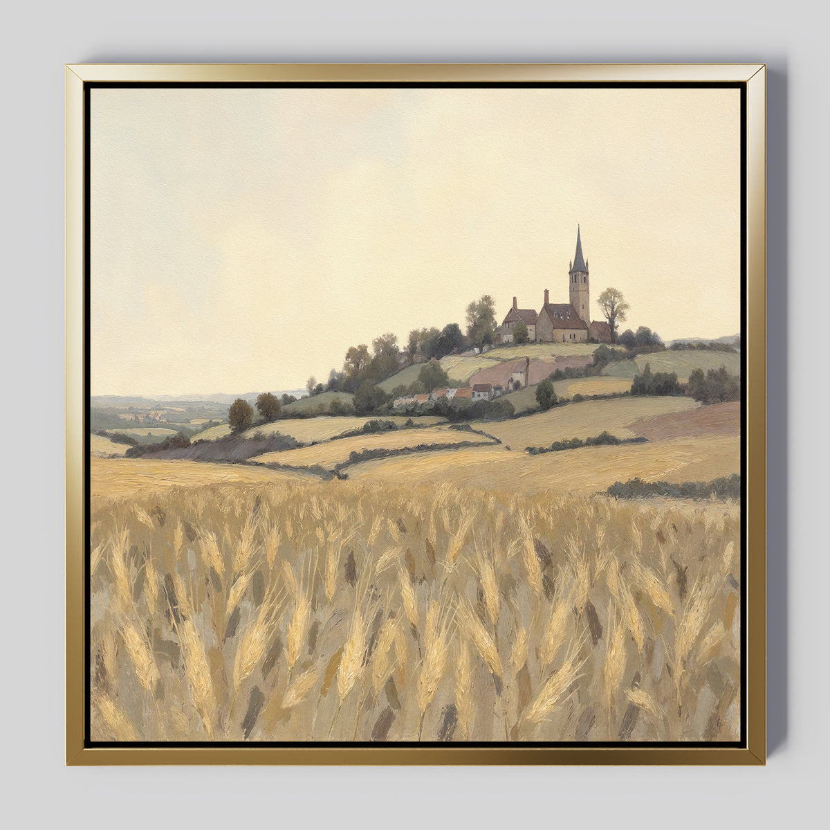 Harvest Chapel Canvas Art - Square features a framed canvas print of golden wheat fields, a quaint village, and the iconic Harvest Chapel under soft clouds—an ideal piece to bring rustic charm to any space.