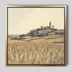 Harvest Chapel Canvas Art - Square features a framed canvas print of golden wheat fields, a quaint village, and the iconic Harvest Chapel under soft clouds—an ideal piece to bring rustic charm to any space.