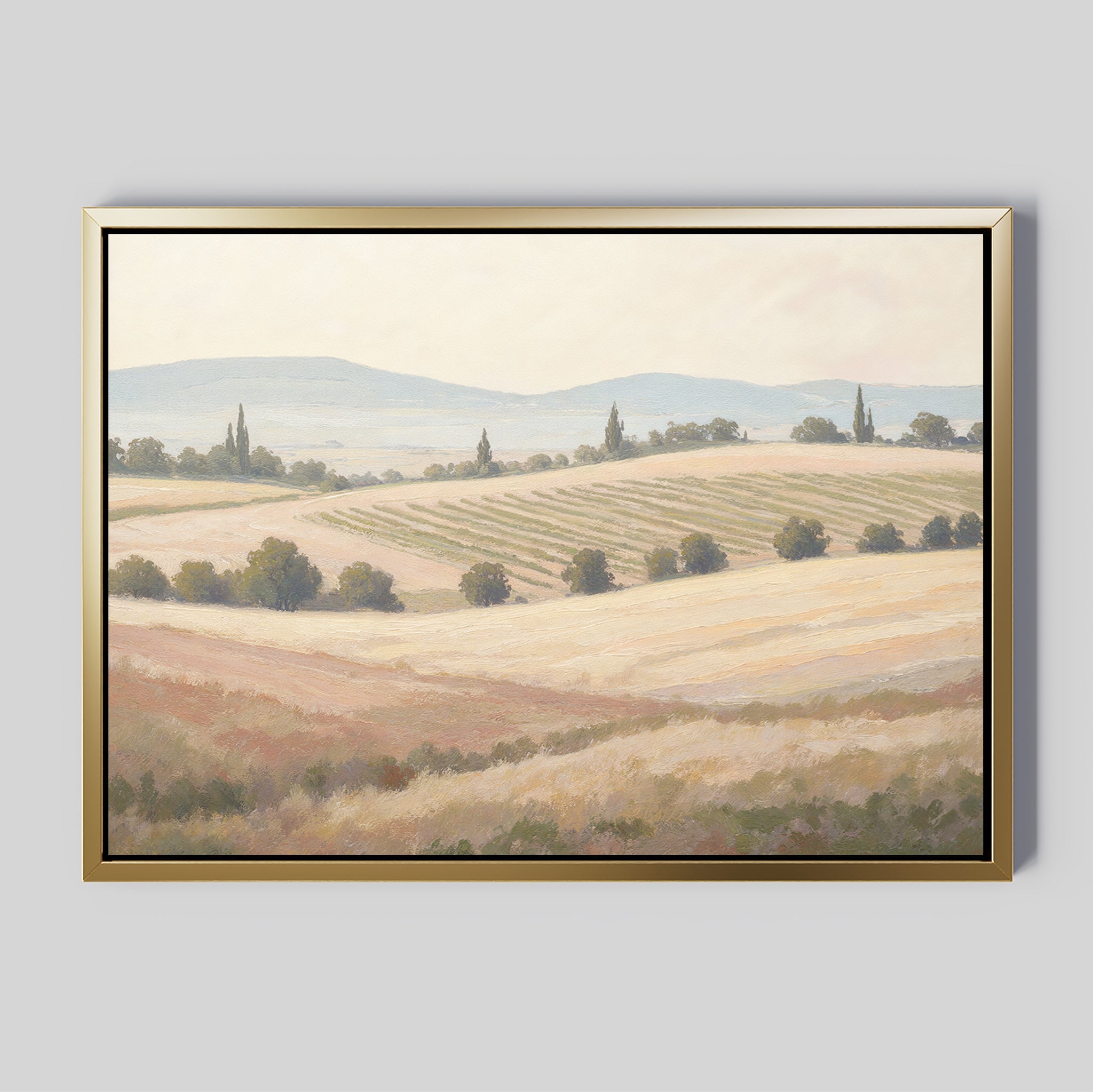 Harvest Fields Canvas Art - Horizontal showcases rolling fields, scattered trees, and distant hills under a cloudy sky. Its muted earth tones evoke calm and peace, making it ideal for any serene space.