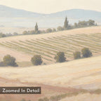 Harvest Fields Canvas Art - Horizontal features a sunlit countryside with rolling fields, crops, trees, and distant hills in soft hues. “Zoomed In Detail” is labeled on the corner—perfect as pastoral landscape wall decor.