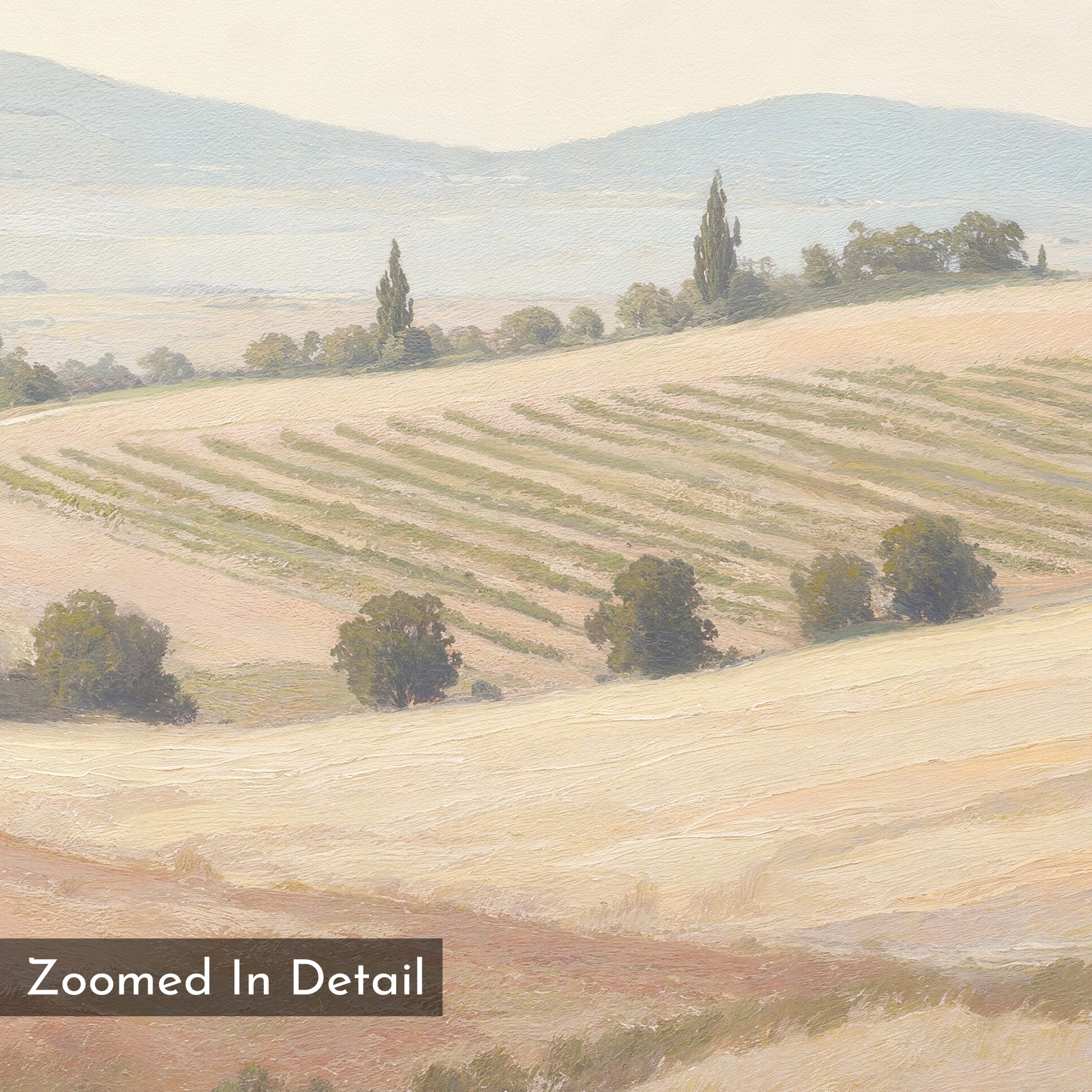 Harvest Fields Canvas Art - Horizontal features a sunlit countryside with rolling fields, crops, trees, and distant hills in soft hues. “Zoomed In Detail” is labeled on the corner—perfect as pastoral landscape wall decor.
