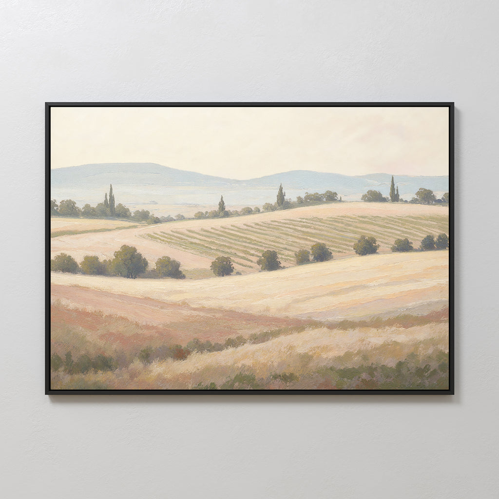 Harvest Fields Canvas Art - Horizontal showcases rolling hills, golden fields, scattered trees, and distant mountains beneath a soft sky—an ideal wall accent for countryside charm.