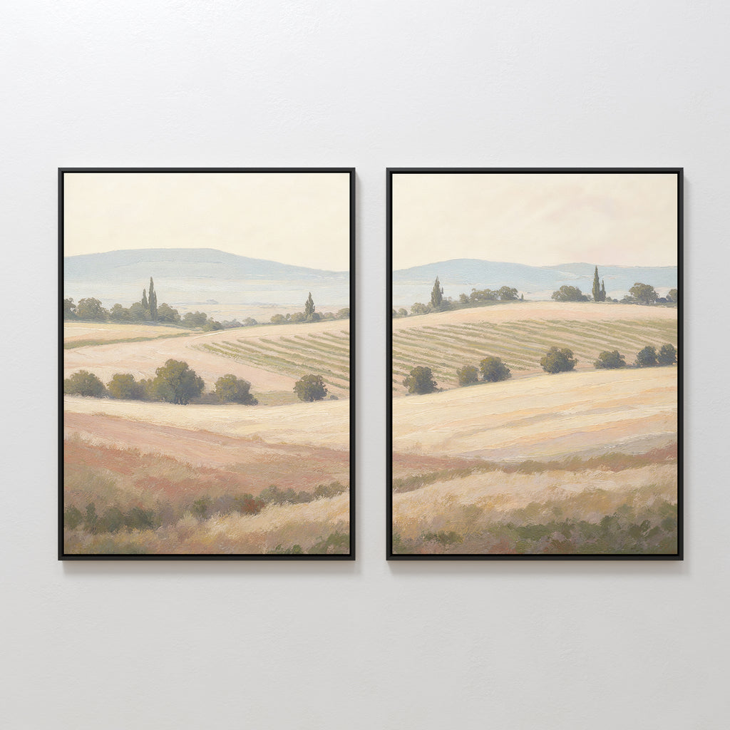 Harvest Fields - Set of 2 features framed landscape paintings side by side, with rolling fields, distant hills, and tall trees in soft earthy tones—ideal countryside wall art for serene farmhouse decor.