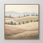 Harvest Fields Canvas Art - Square features a peaceful countryside landscape with sunlit fields, rolling hills, scattered trees, and distant mountains. This serene wall art adds calming rural charm to any space.