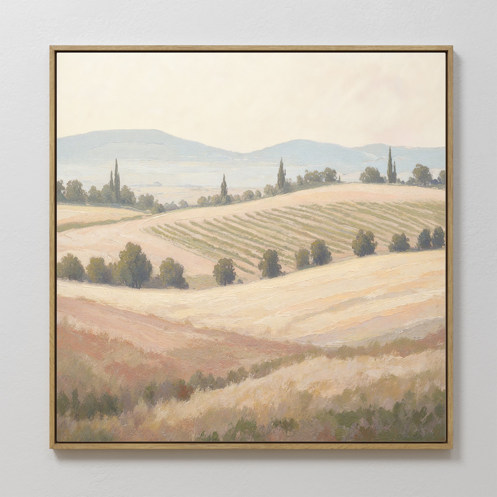 Harvest Fields Canvas Art - Square features a peaceful countryside landscape with sunlit fields, rolling hills, scattered trees, and distant mountains. This serene wall art adds calming rural charm to any space.