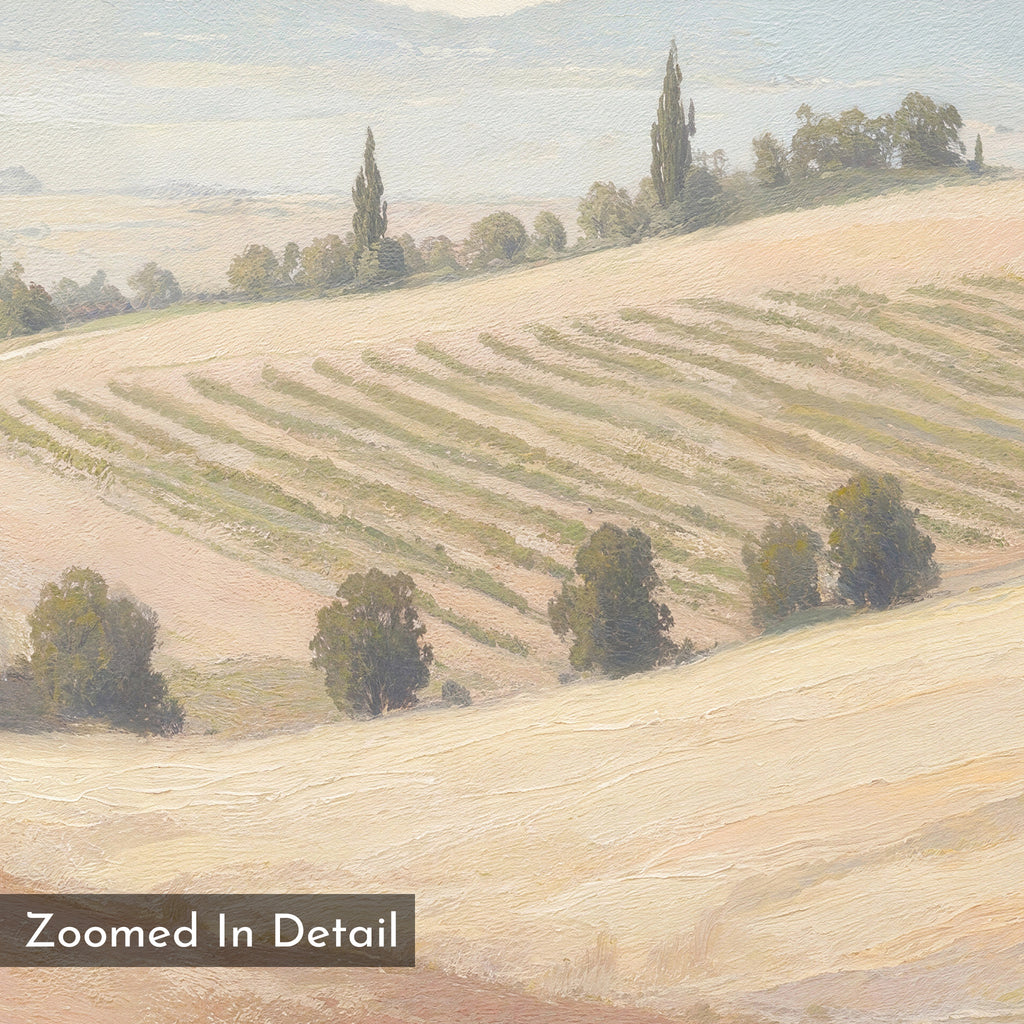 A close-up of the Harvest Fields Canvas Art - Square shows rolling golden fields, scattered trees, a hazy sky, and two tall cypress trees in the background. Text on image: Zoomed In Detail.