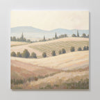 Harvest Fields Canvas Art - Square features a serene countryside scene with rolling hills, golden fields, crops, trees, and distant mountains under a hazy sky—ideal as pastoral wall art or countryside decor.