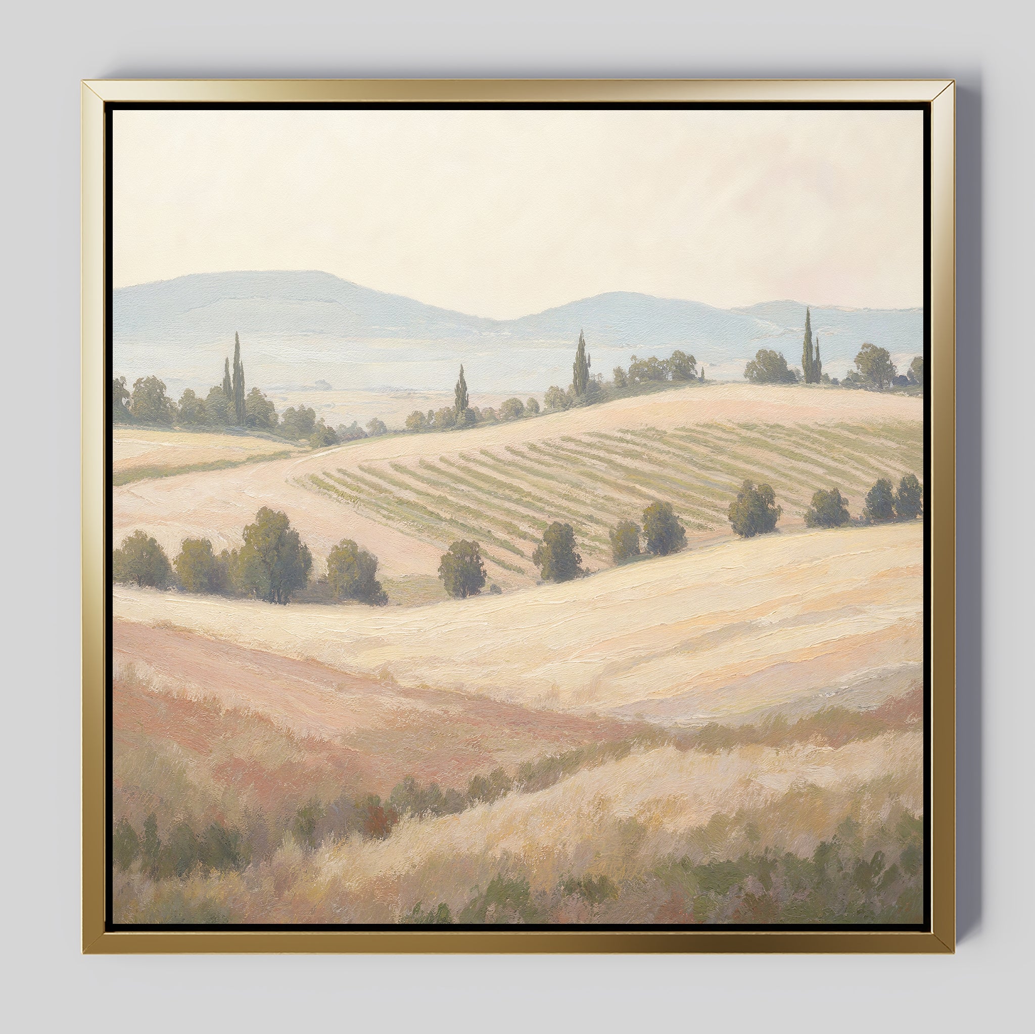 Harvest Fields Canvas Art - Square features a serene countryside with rolling hills, crops, and distant mountains in earthy tones—perfect wall art for peaceful, countryside-inspired decor.