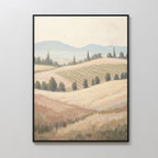 Add tranquility to your home with the Harvest Fields Canvas Art - Vertical, featuring a framed countryside landscape of rolling hills, scattered trees, and distant mountains in soft earth tones—a perfect piece for serene decor.