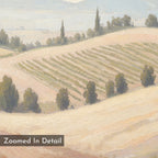 The Harvest Fields Canvas Art - Vertical features a painted pastoral landscape of rolling hills with crops or vineyards, dotted with tall trees beneath a cloudy sky; the foreground is labeled Zoomed In Detail.