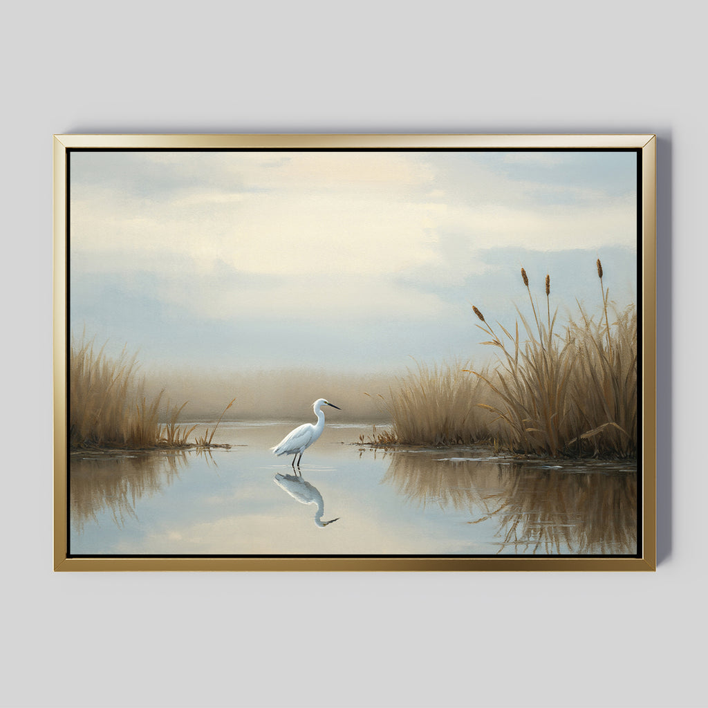 Add tranquil wetland decor to your space with the Heron's Morning Canvas Art - Horizontal, featuring a framed white heron in shallow water among tall grasses, its reflection below and a soft, clouded sky for serene wall art.