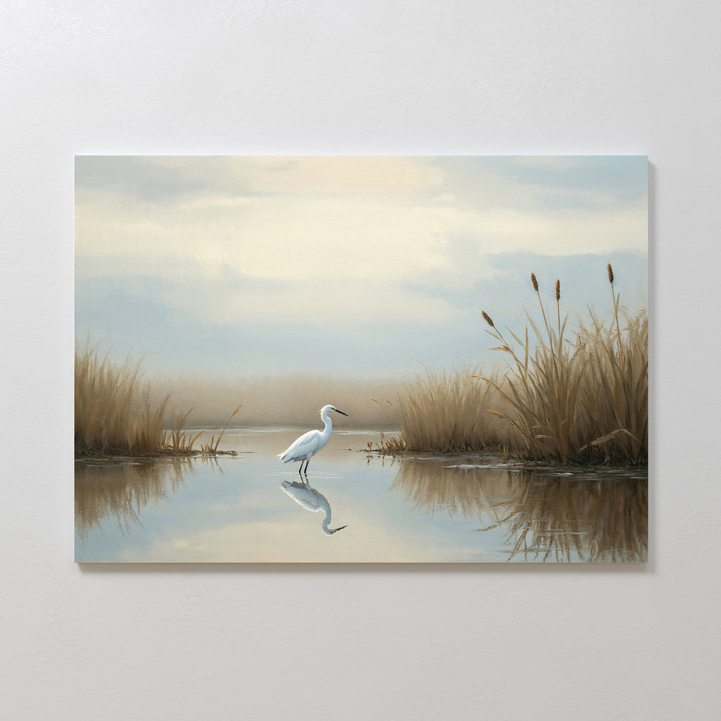 Heron's Morning Canvas Art - Horizontal features a serene wetland scene with a white egret amid reeds and a cloudy sky reflected in calm water—earthy tones perfect for adding tranquil beauty to any space.