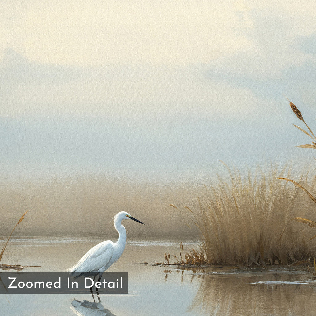 A heron stands in shallow water near tall reeds under a cloudy sky. The "Heron's Morning Canvas Art - Horizontal" wall decor captures wetland serenity, featuring "Zoomed In Detail" text in the bottom left corner.
