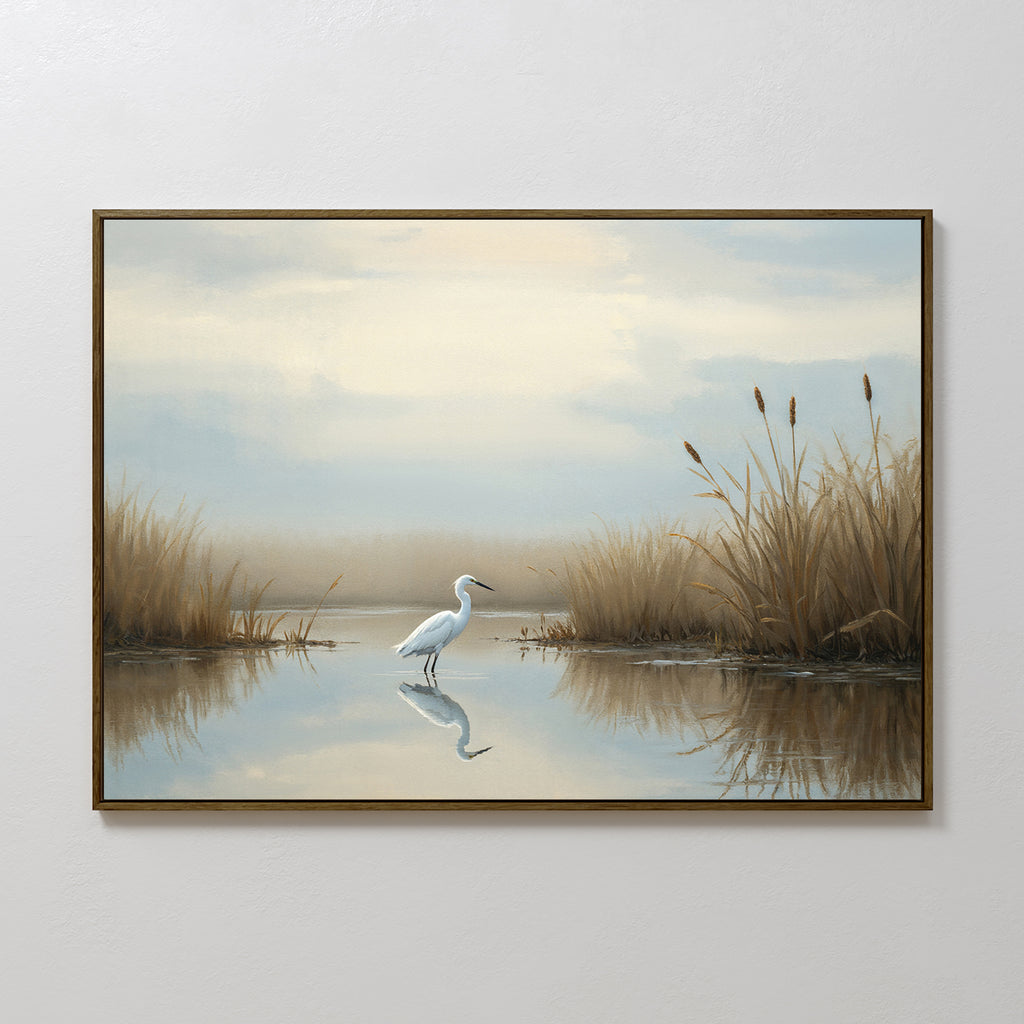 The Heron's Morning Canvas Art - Horizontal features a white heron in shallow water among golden reeds, with a calm sky reflected on the surface—an ideal serene wall art piece.