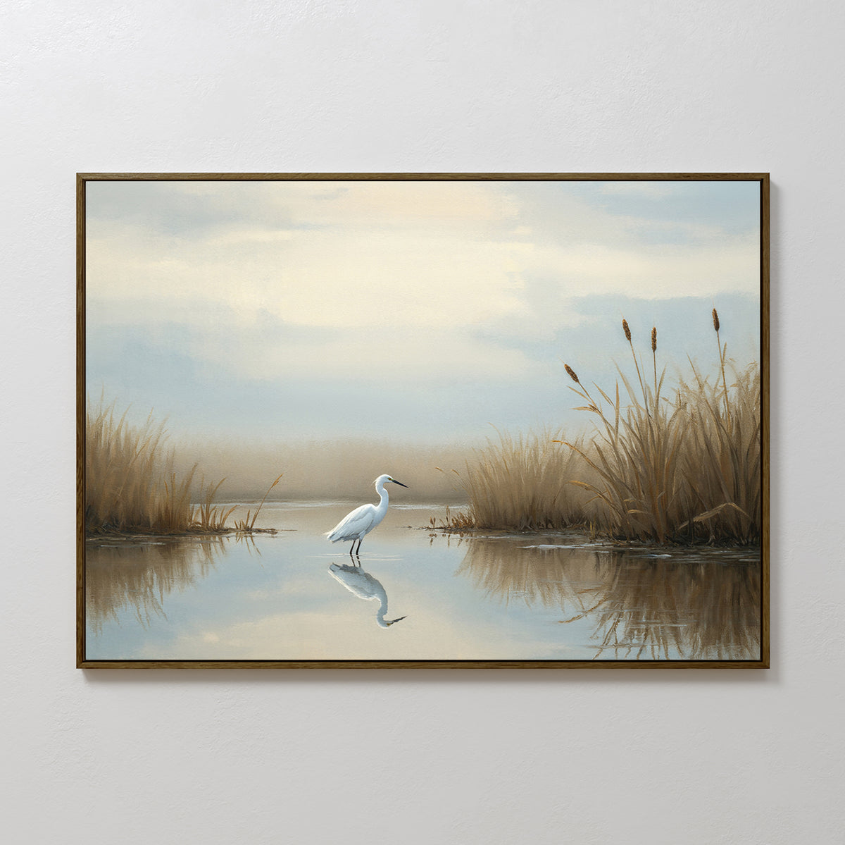 The Heron's Morning Canvas Art - Horizontal features a white heron in shallow water among golden reeds, with a calm sky reflected on the surface—an ideal serene wall art piece.