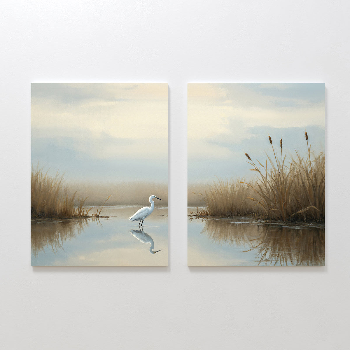 Heron's Morning - Set Of 2 features canvas prints: one with a white egret standing in calm water, the other with tall grasses and gentle sky reflections—ideal wall art for creating a serene atmosphere.