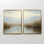 The Heron's Morning - Set Of 2 features two framed prints: one with a white egret in tranquil wetlands, and the other showcasing cattails beside calm water under a cloudy sky.