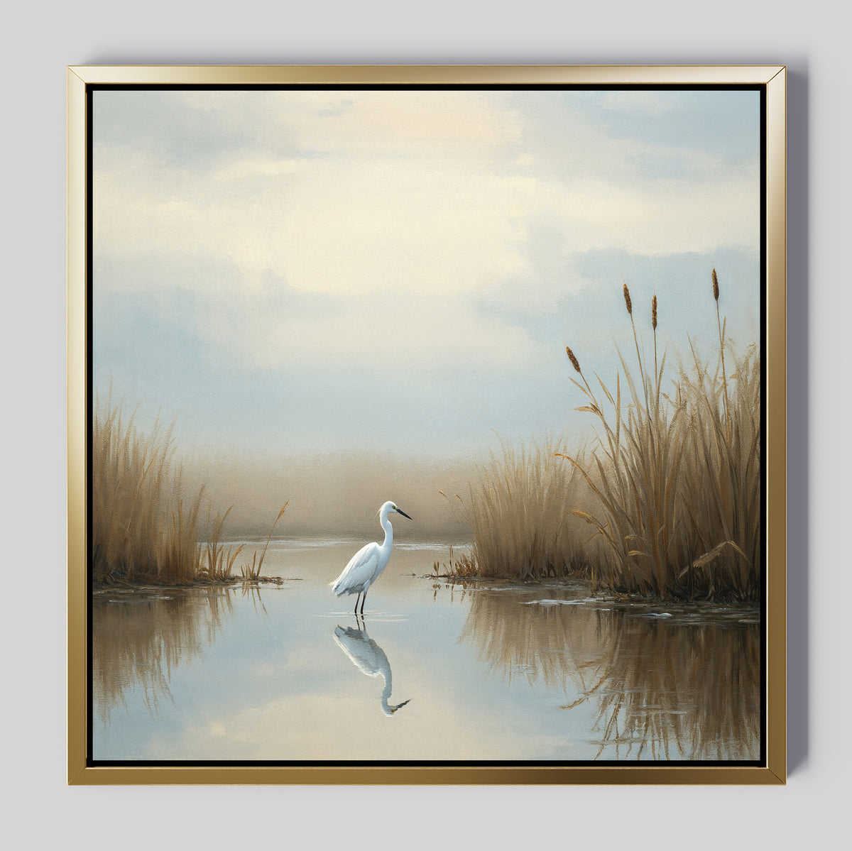The "Heron's Morning Canvas Art - Square" features a white egret standing in tranquil water among tall brown reeds beneath a cloudy sky, its reflection shimmering to create a peaceful wetland scene.