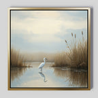 The "Heron's Morning Canvas Art - Square" features a white egret standing in tranquil water among tall brown reeds beneath a cloudy sky, its reflection shimmering to create a peaceful wetland scene.