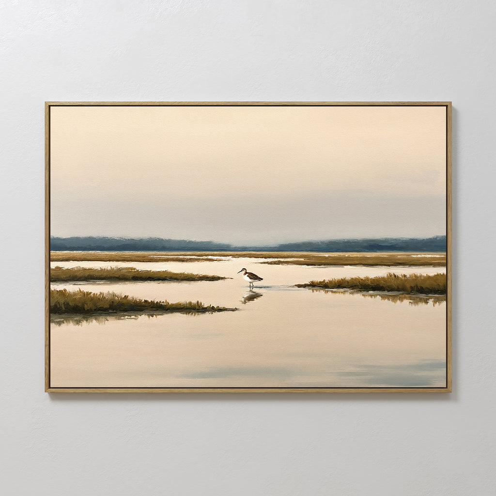 The Marsh Bird Canvas Art - Horizontal depicts a lone heron in a peaceful marsh at sunset, with gentle reflections and grassy patches. Ideal wall art for bringing calm to any Nordic Park-inspired room.