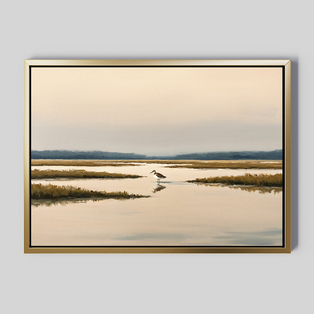 The Marsh Bird Canvas Art - Horizontal features a peaceful marsh scene with still water, grassy patches, and a solitary wading bird beneath a soft sky and blue hills, perfect for adding Nordic Park-inspired tranquility to your space.