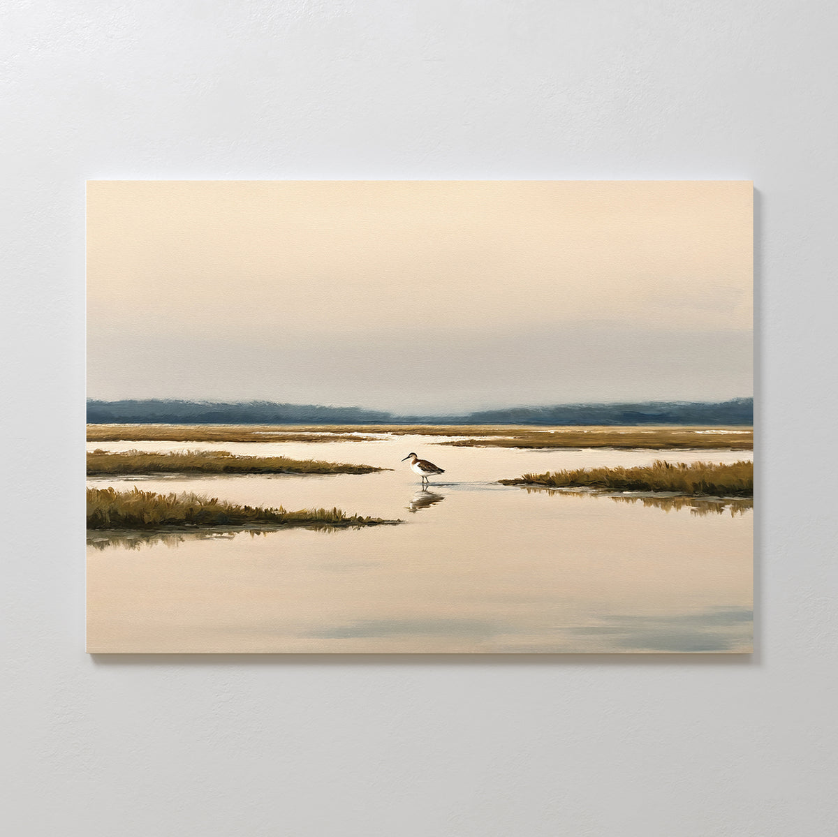 The Marsh Bird Canvas Art - Horizontal captures a tranquil marsh at sunset with calm water, grassy patches, and a solitary bird beneath a pastel sky—ideal wall art for creating a Nordic Park-inspired ambiance in any room.