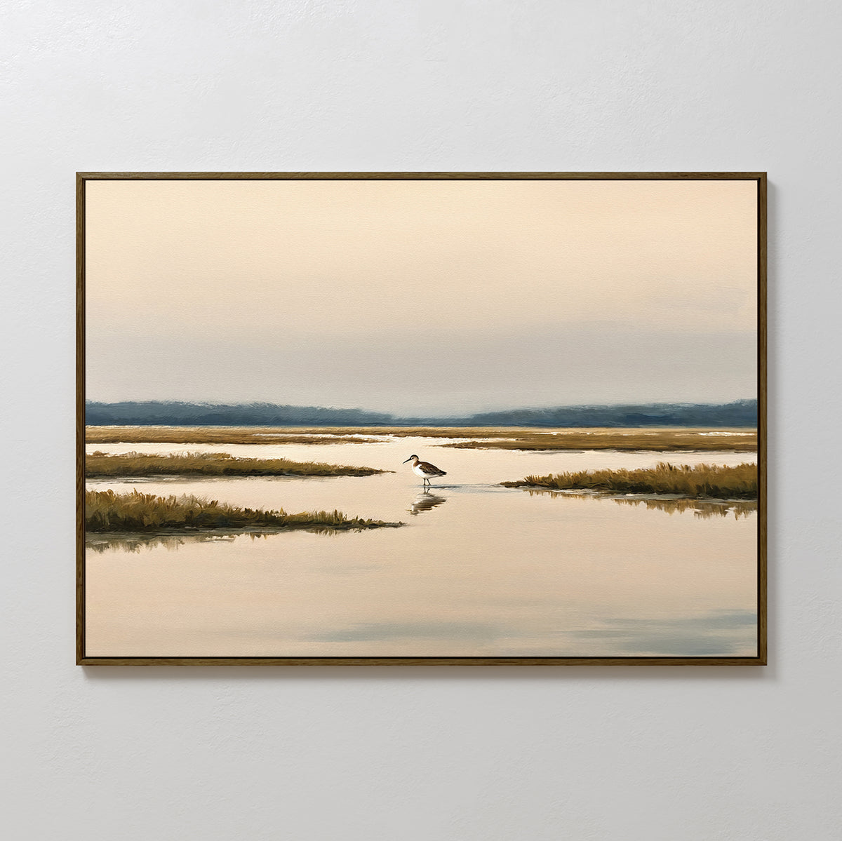 The Marsh Bird Canvas Art - Horizontal features a serene marsh landscape with soft, muted tones and a solitary wading bird, bringing Nordic Park-inspired tranquility to your space. Framed wall art for a calming touch.