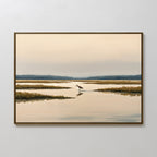 The Marsh Bird Canvas Art - Horizontal features a serene marsh landscape with soft, muted tones and a solitary wading bird, bringing Nordic Park-inspired tranquility to your space. Framed wall art for a calming touch.