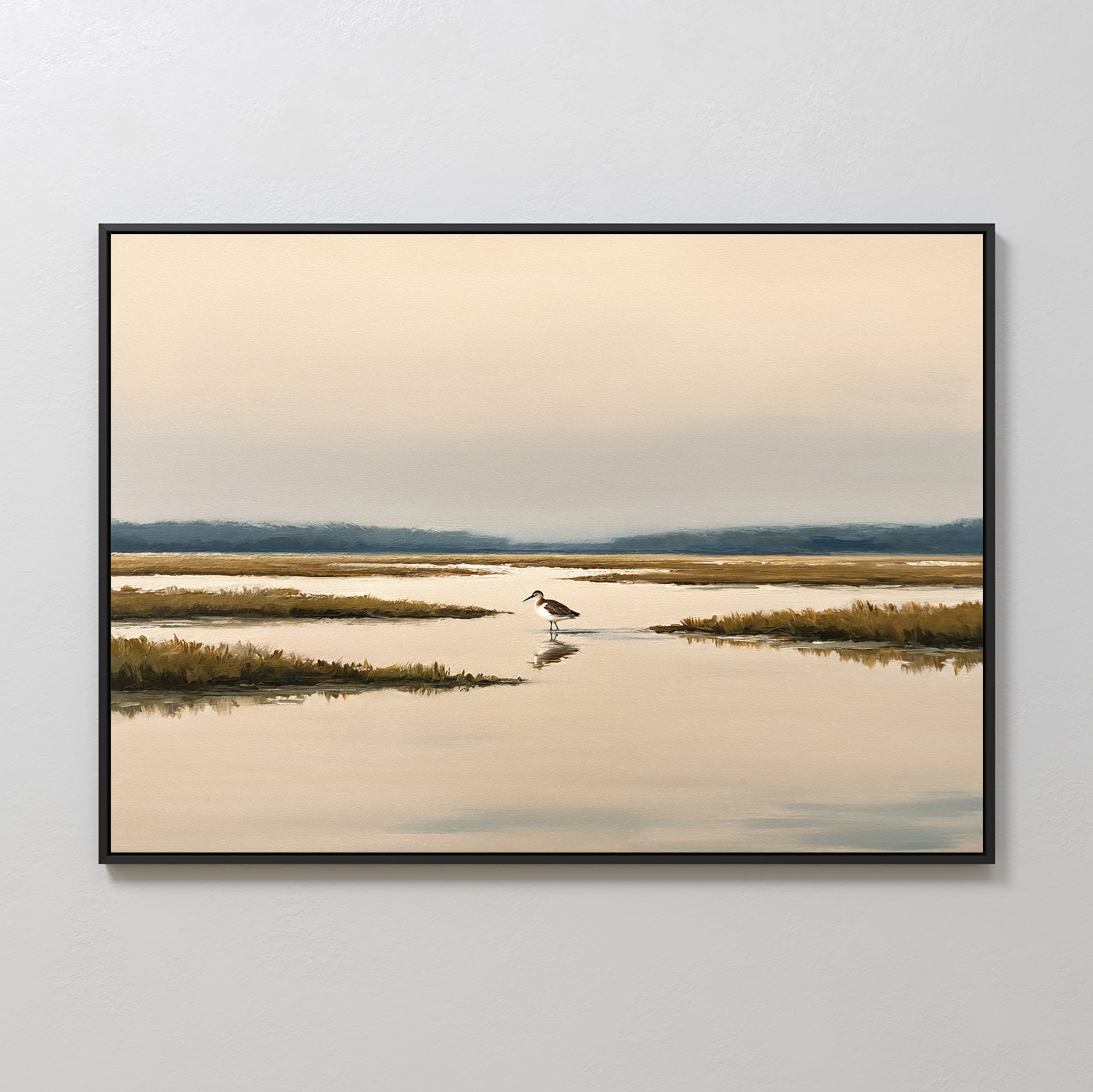 The Marsh Bird Canvas Art - Horizontal displays a peaceful wetland scene with calm waters, grassy islands, and a marsh bird under a pastel sky—perfect tranquil wall art inspired by Nordic Park.