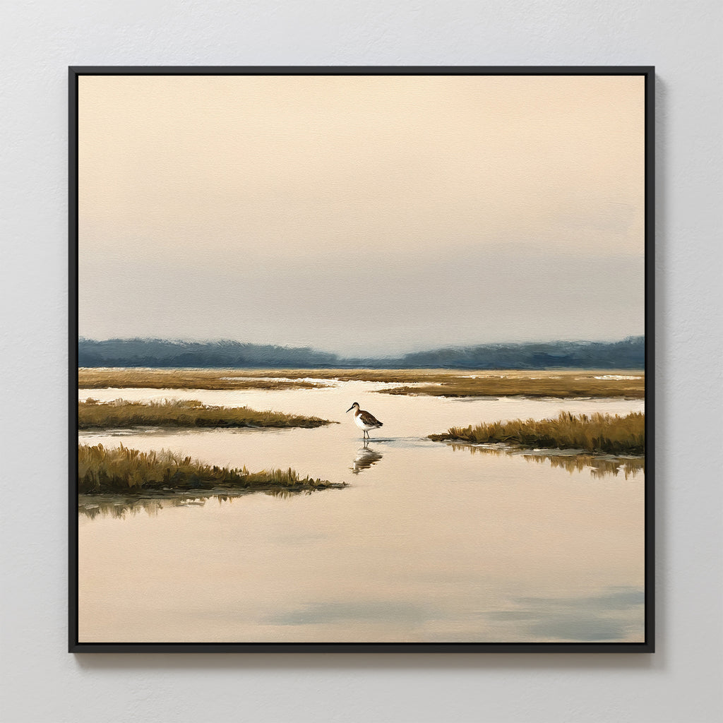 Bring the serene beauty of nature into your space with Marsh Bird Canvas Art - Square, featuring a tranquil marshland sunset, a solitary wading bird, tufts of grass, and warm reflected light—perfect wall decor for a calm atmosphere.
