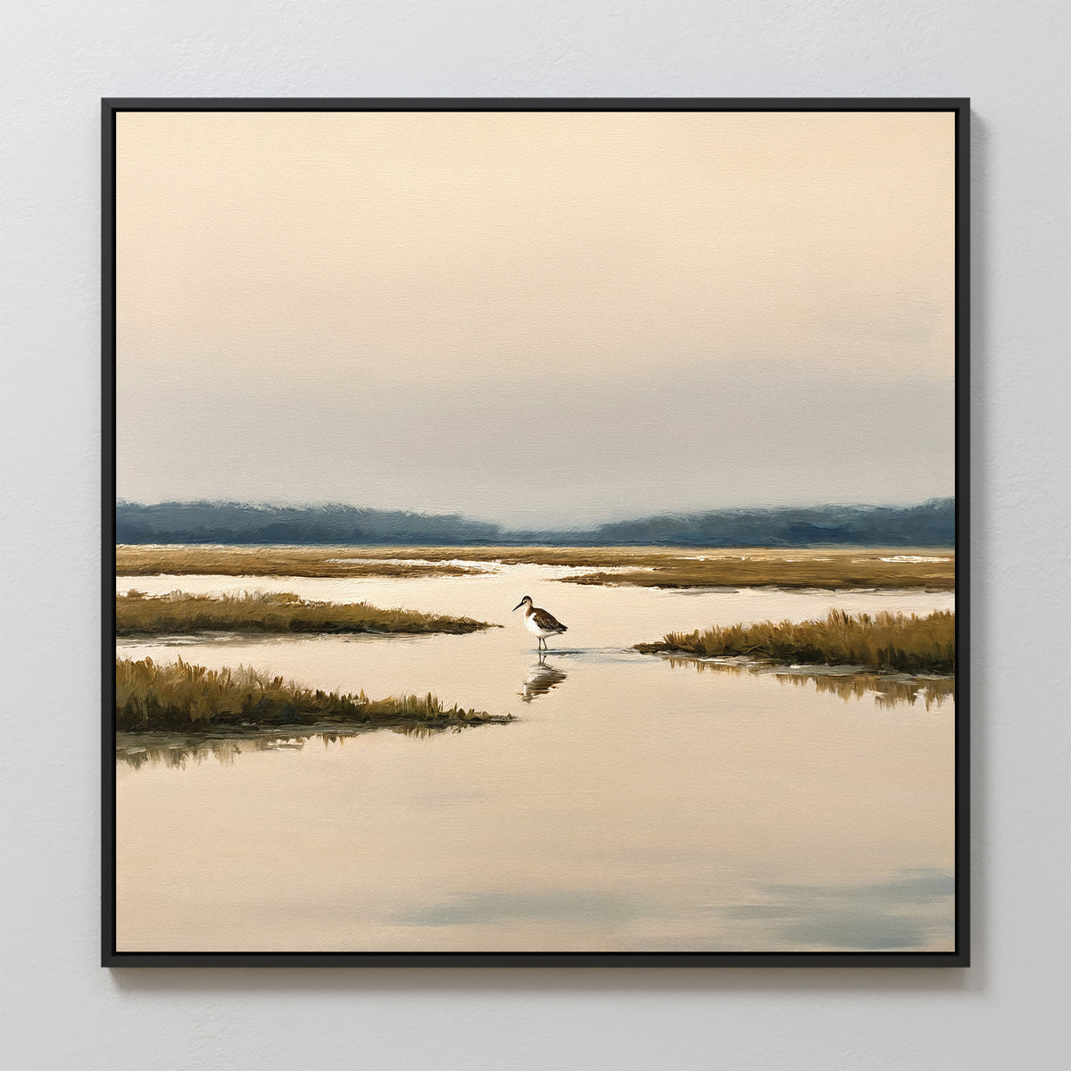 Bring the serene beauty of nature into your space with Marsh Bird Canvas Art - Square, featuring a tranquil marshland sunset, a solitary wading bird, tufts of grass, and warm reflected light—perfect wall decor for a calm atmosphere.