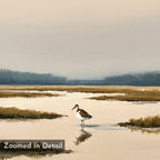 A shorebird stands in calm, misty water with grassy patches beneath an overcast sky. The scene, titled “Zoomed In Detail,” is featured on Marsh Bird Canvas Art - Square—ideal for tranquil wall art or a serene marshland print.