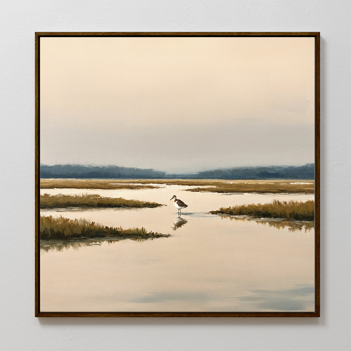 The Marsh Bird Canvas Art - Square features a serene marsh landscape with calm water, grassy areas, and a solitary wading bird under a soft, hazy sky—perfect for adding tranquility and beauty to any space.