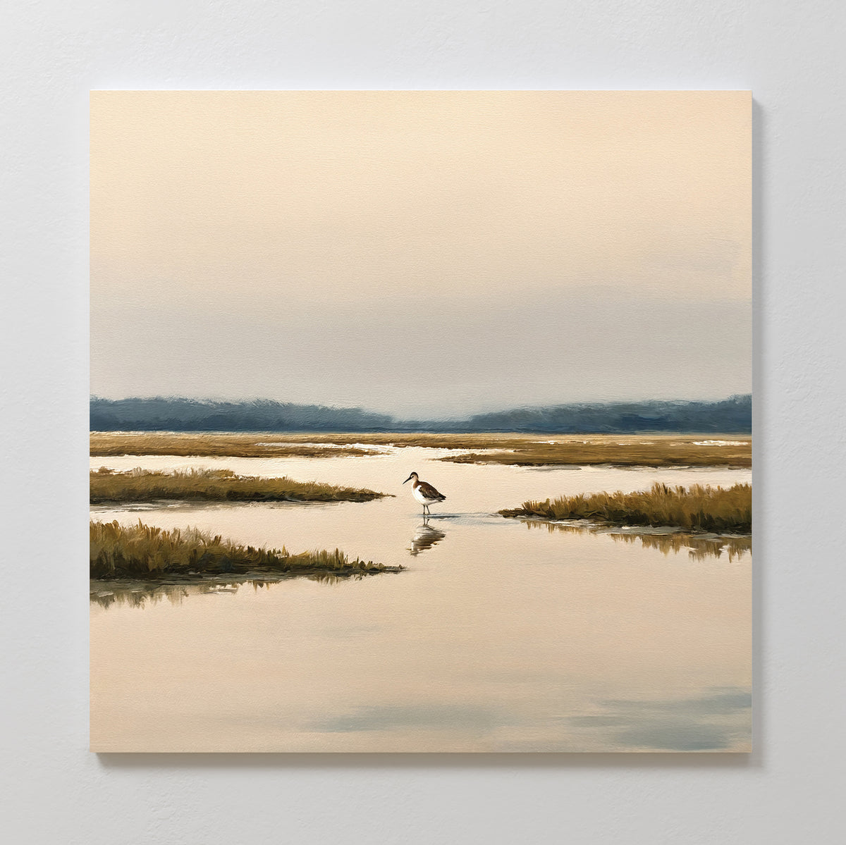 The Marsh Bird Canvas Art - Square features a peaceful marsh landscape at dawn, with calm water, grassy patches, a lone bird, and a soft overcast sky that creates a serene and tranquil atmosphere for your wall.