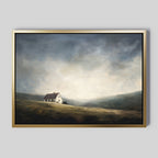 The Highland Solitude Canvas Art - Horizontal features a moody landscape with a white house and red roof on a grassy hill, accented by dramatic clouds and beams of light for rustic tranquility.