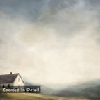 Highland Solitude Canvas Art - Horizontal depicts a small white house with a brown roof on a barren landscape beneath a vast cloudy sky, rendered in a soft, painted texture. "Zoomed In Detail" appears in the bottom left corner.