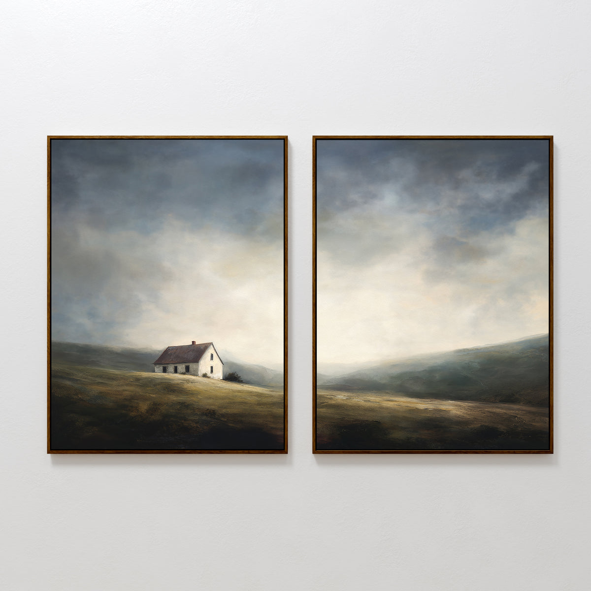 Highland Solitude - Set of 2 features two framed paintings of a white house with a red roof on a grassy hillside beneath a cloudy sky, creating serene, moody landscapes in soft, muted tones for rustic wall decor.