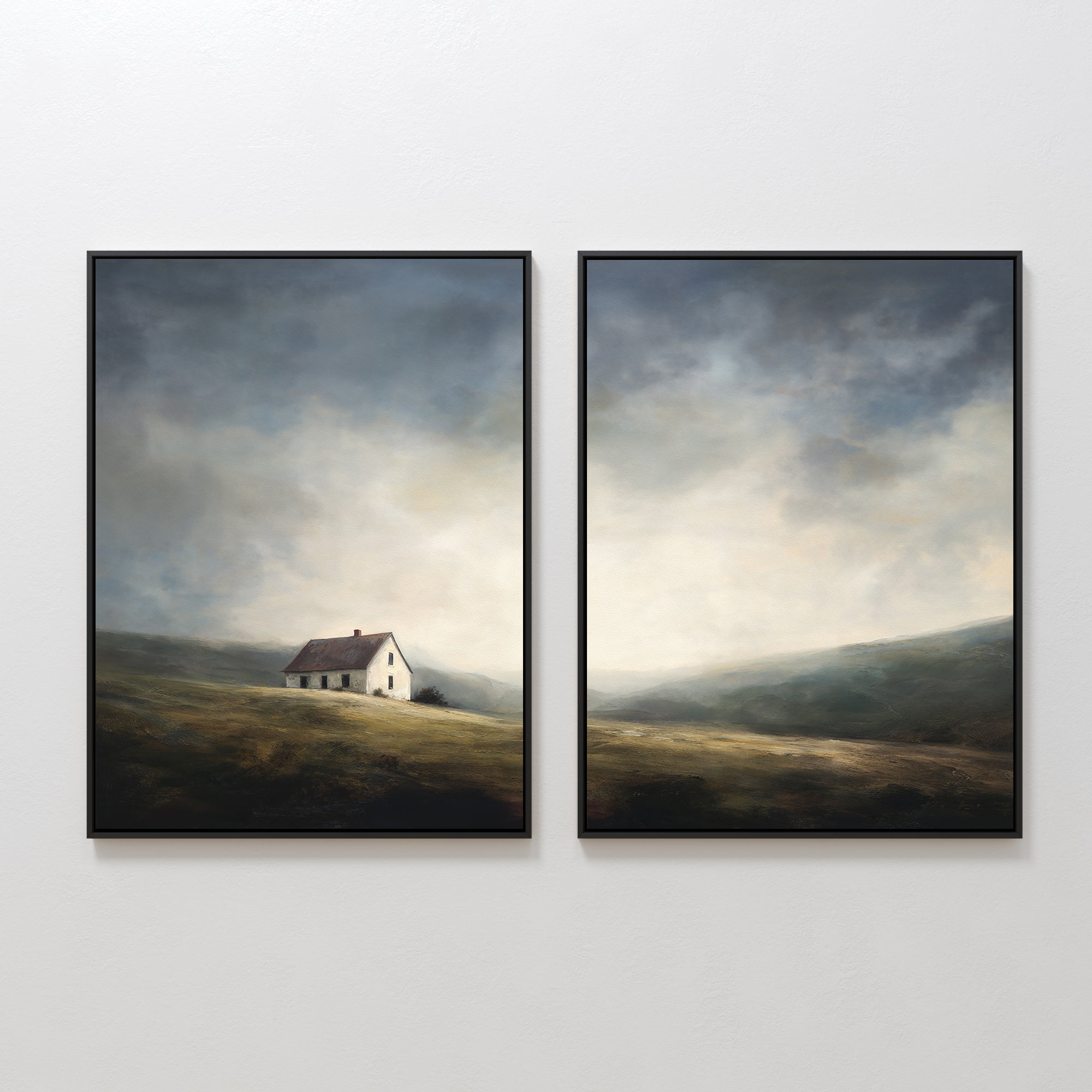 The Highland Solitude - Set of 2 features moody landscape canvas prints: one depicts a small white house on a grassy hill beneath a cloudy sky—rustic wall art ideal for lovers of tranquil, scenic decor.