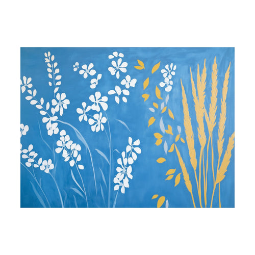 Azure Meadow painting of white wildflowers and golden wheat stalks against a bright blue background.